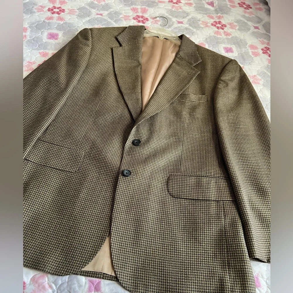 Oscar de la Renta Menswear Black Brown Houndstooth Wool Blazer Sport Coat 42R
